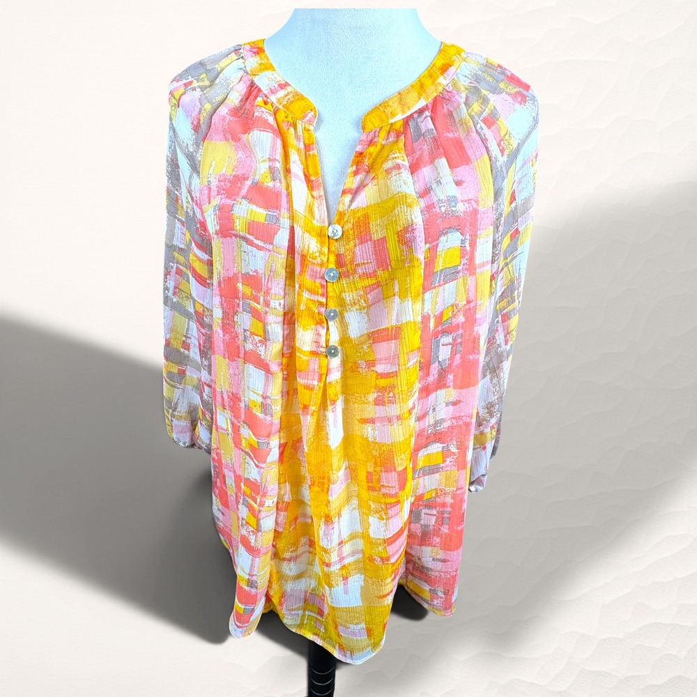 Figueroa & Flower Blouse Women Large Orange Boho Abstract Print Henley Top‎